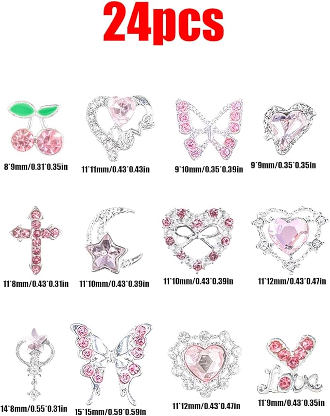 3D Nail Charms,24Pcs Love Heart Star Cross Cherry Butterfly Bow Nail Rhinestone Charms,Metal Alloy Nail Art Decorations for Manicure Design Accessories DIY Crafts (A Pink)