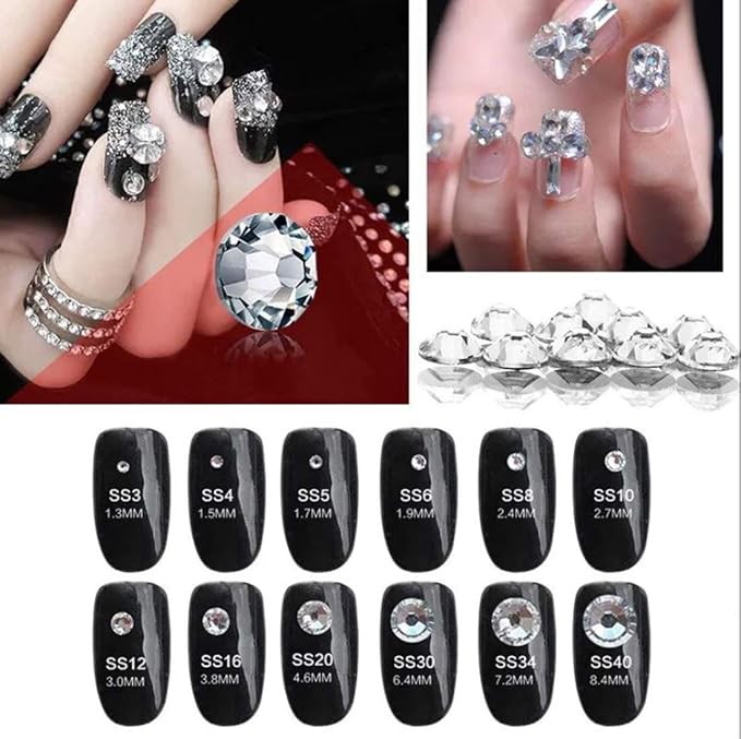Over 2100 Pieces Gold Plated Flat Back Glass Rhinestones Crystals for Nail Art Kit 6 Sizes (1.4mm - 4.8mm)