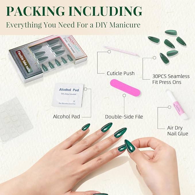 Green Cat Eye Press on Nails Almond Medium Fake Nails Sparkly Glitter Black False Nails Press ons Designs Gradient Gel Glue on Artificial Nails for Women Manicure 30Pcs