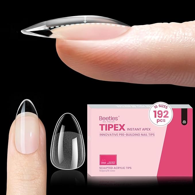 Beetles Tipex Instant Apex Nail Tips, Almond Short, 16 Sizes (00–14), 192pcs, Built-In Apex, No Builder Gel Required, Thicker Strong Acrylic Tips for DIY Nail Extensions