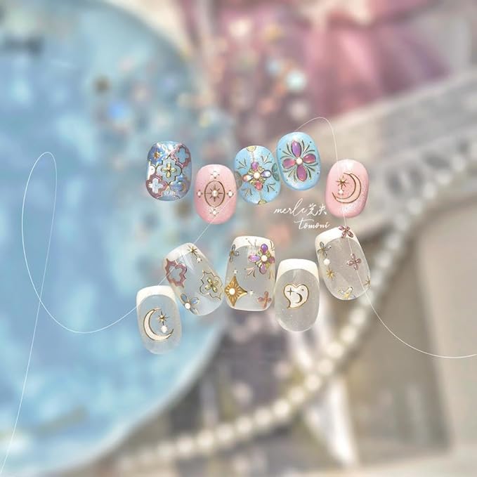 Star Nail Stickers 3D Self-Adhesive Silver Moon Nail Decals 5D Embossed Pink Star Nail Supplies Bohemia Nails Designs Chinese Style Nails Manicure Accessories for Women 1 Sheet