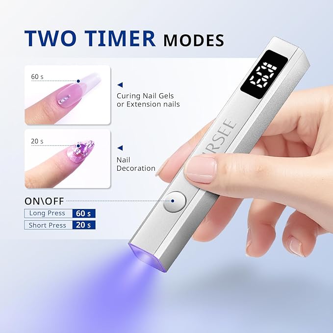 AIRSEE Cordless Mini Nail Lamp,Handheld UV Light with LCD Display for Gel Nails,Rechargeable USB Nail Dryer for Fast Cure,Rhinestone Glue Decoration,Gel Nail Strips at Home,Travel(Sliver)