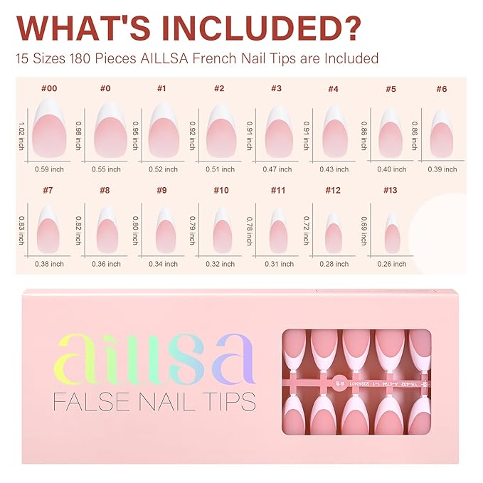 AILLSA French Gel Nail Tips,180 Pcs Pink Medium Almond French Tip Press On Nails, Pre-Applied Primer & Base Coat, No Need File, Almond Fake Nails Press ons with Designs 15 Sizes