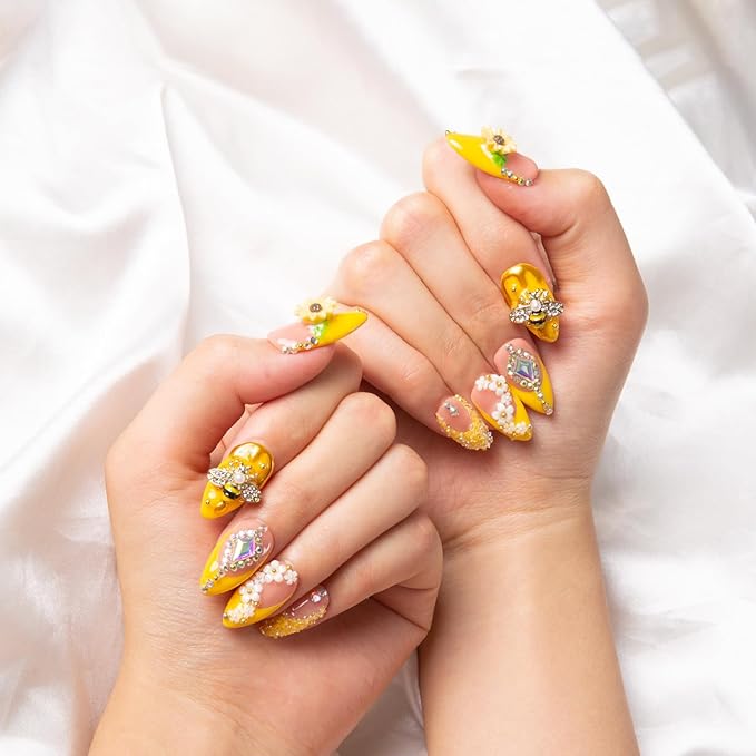LOVFUL Press on Nails Honey Bee Yellow | Handmade with Full Covered Crystals | Reusable Fake Nails | Almond Regular 1.0 in | H101-L