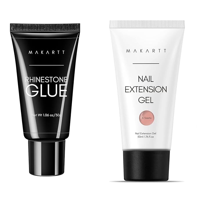 Makartt Poly Nail Gel with Nail Rhinestone Glue for Nails Bundle, 50ML Nude Color Gel Builder for Nails Spring Summer Nail Extension Gel, Super Strong Gel Nail Glue for Rhinestones for Nails
