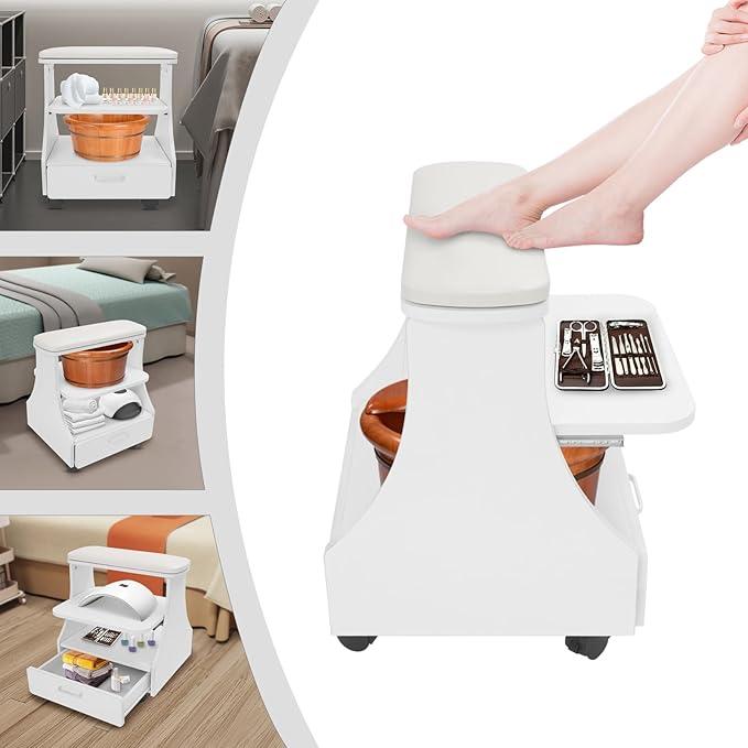 Pedicure Foot Rest, Manicure Foot Rest w/Wheels, Upgrade Widen Footrest Pedicure Foot Stool Stand, Portable Foot Bath Spa Cart Foot Massage Station Footrest, Home Beauty Salon Nail Foot Trolley Cart