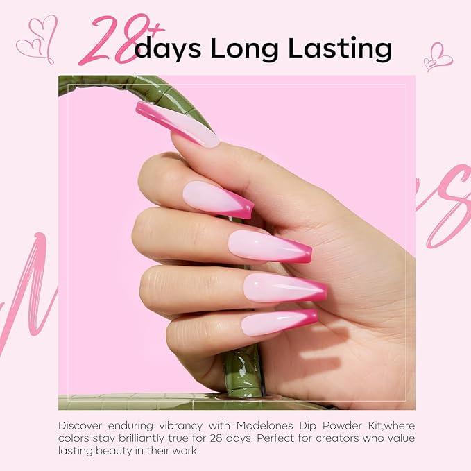 Modelones Dip Powder Nail Kit, 4 Colors Pink Glitter Spring Summer Dipping Starter Set with Liquid and Complete Accessories for French Nails Art Salon DIY at Home Manicure