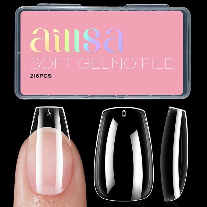 AILLSA Short Coffin Nails Clear Full Cover Nail Tips Medium Gel Fake Nails Tips for DIY Press on Nail Extension, 216PCS 12 Sizes False Acrylic Preshaped Gelly Soft Nail Tip for Women