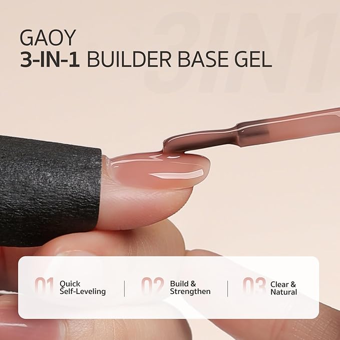 GAOY 2 Pcs Glassy Gel Top Coat and Rubber Base, Jelly Builder Base Nude Sheer Pink 03 Misty Nude with Detailed Liner Brush, Soak Off Nail Strengthener UV Light Cure
