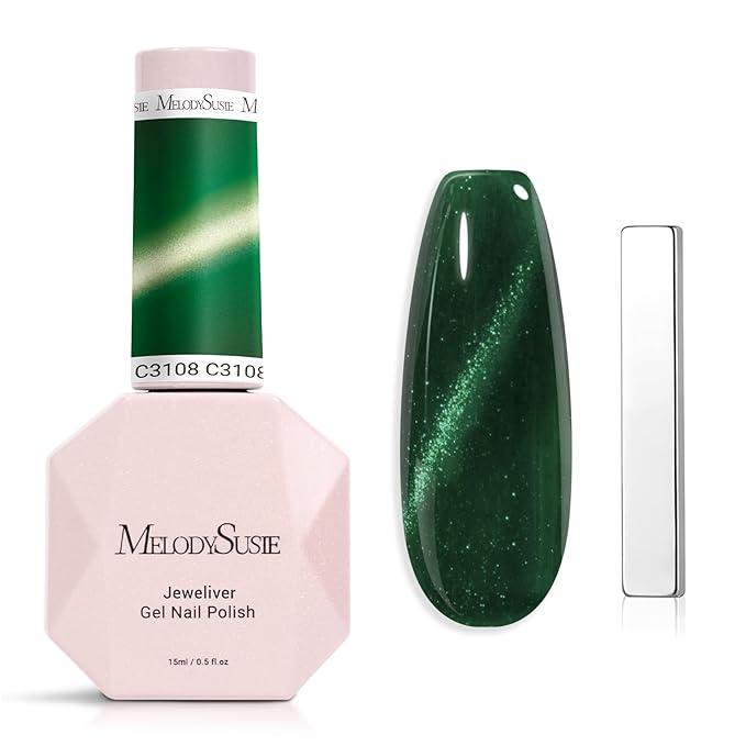 MelodySusie Jeweliver Cat Eye Gel Nail Polish, 0.5 Fl Oz Dark Green Glitter Holographic Magnetic Nail Polish with Magnet, UV Nail Polish for Nail Art Manicure Salon DIY at Home C3108