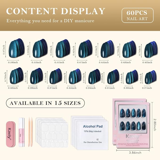 evpct Dark Blue Press on Nails Almond Short, Sapphire Royal Blue Cat Eye Glitter Press on Nails for Women Gift, Soft Gel Press Stick on Nail with Nail Kit, 60Pcs Reusable Acrylic Fake Nails Kit