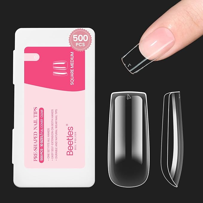 Beetles Medium Square Nail Tips, 500Pcs Nail Kit Medium Square Pre Shaped Clear Full Cover False Nails for Gel Art Polish Soak Off Lamp Nail Extensions Acrylic Press on Nail Tips
