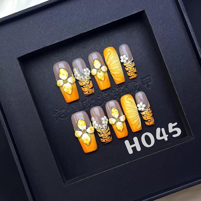 100% 5D Handmade Press on Nails Ombre Yellow Long Square Nails Press ons Leopard Orange French Tips False Nails Embossed Flower Waterdrop Press on Nails for Women Girls Daily Wear DIY Manicure Size M