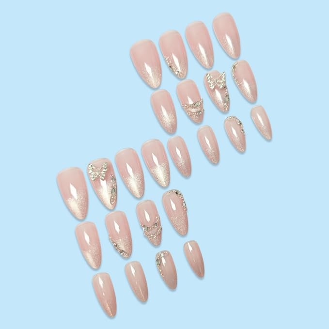 Medium Press on Nails Almond Fake Nails Ombre French Tip Artificial Nail Cute with Butterfly Designs Stick on Nail for Women 24pcs