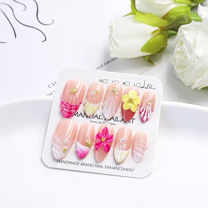Handmade Press on Nails - Luxury 3D Rose Red Yellow Flower Medium Almond False Nails Salon Quality French Tip Design Handmade Floral Artificial Fingernail Stick on Nail for Women（Size S）