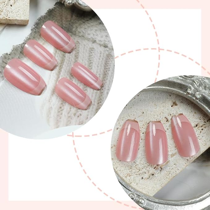 Press on Nails Almond Cat Eye French Fake French Fake Nails Reusable Nail Kit with Nail Glue Adhesive Tabs Mini Nail File for Women Manicure Art Decoration 24PCS