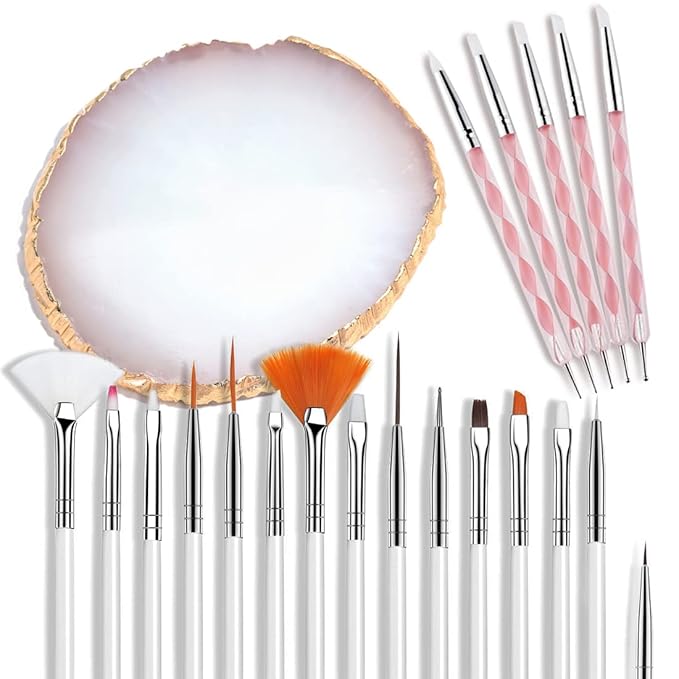 AUOCATTAIL Nail Art Design Tools - 15pcs Painting Brushes Set with 5pcs 2-way Dotting Pens & Gold-rimmed Resin Palette, White