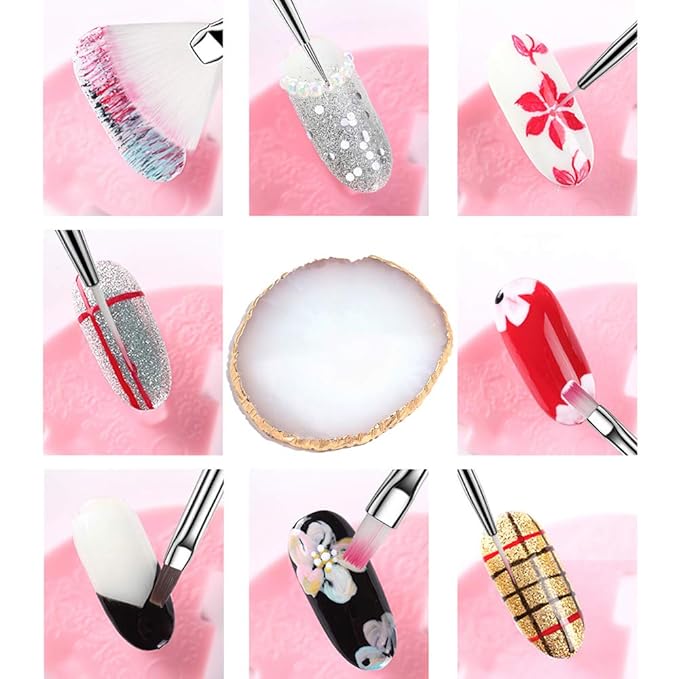 AUOCATTAIL Nail Art Design Tools - 15pcs Painting Brushes Set with 5pcs 2-way Dotting Pens & Gold-rimmed Resin Palette, White