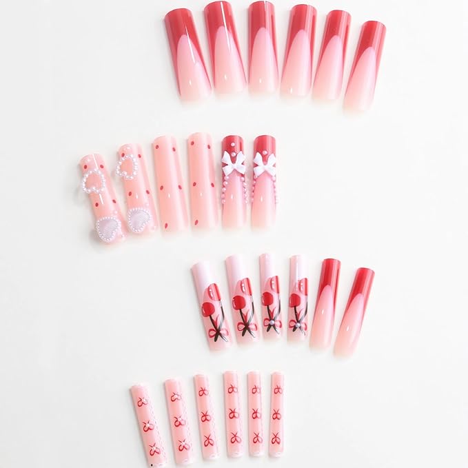 MISUD Press on Nails - Extra Long Square Glue on Nails with Red French Tip, Acrylic Cherry Bow Design 24 pcs