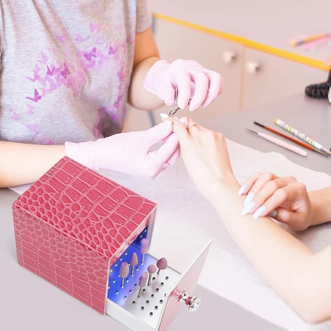 Nail Drill Bit Holder,Blue UV Light Box for Grinding Heads Dustproof Stand Displayer Acrylic 48 Holes Nail Salon Organizers Manicure Tools with USB Charging, Pink (Not Inlcude Drill Bits)