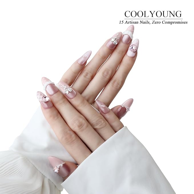 Handmade Nails Medium Pink Almond Press On Nails Press On Women Gifts 3D French Tip Press On Nails Stick On Nails For Women COOLYOUNG 15 PCS, Size S