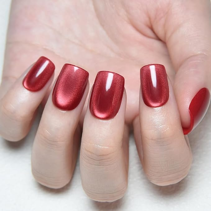 evpct Red Cat Eye Extra Short Press on Nails Square, Petite Short Square Stick on Nails for Women Gift, Real Red Metallic Glitter Glossy Reusable Soft Gel Press on Acrylic Fake Nail with Designs