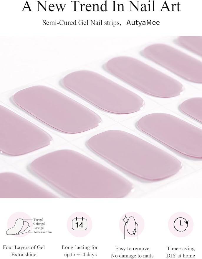 Semi Cured Gel Nail Strips (Grayish Purple), 20 PCS Gel Nail Wraps, Stickers, UV Light Required, Salon Quality, Long Lasting
