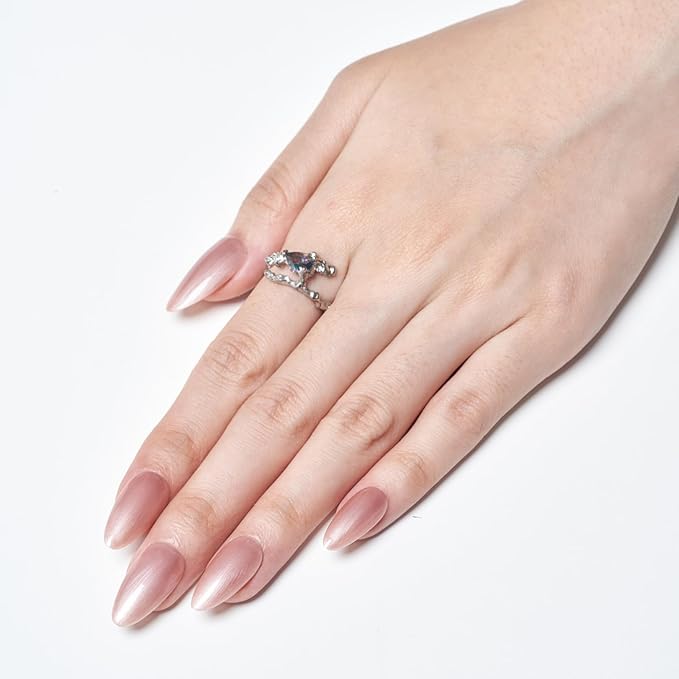 GLAMERMAID Metal Pink Press on Nails Medium Almond, Pearl Pink Glazed Glitter Jelly Soft Gel Fake Nails Stiletto, Glossy Glue on Nails Short Oval, Reusable Acrylic Stick on False Nails Kit for Women