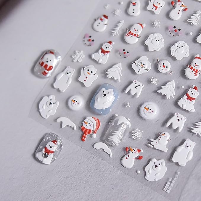 Christmas Nail Stickers Snowman Nail Art Stickers Xmas Tree Bear Nail Decals for Nails Art with Gingerbread Man Design Winter Nails Decals for Women Girls Kid Manicure Decoration Accessories