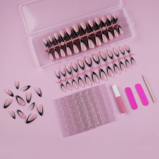 Lamemoria 240pcs Pre-Design Basic Black UV Gel French Nail Tips, Medium Long French Tip Press On Nails Almond, Nude Pink Base Salon Fake Nails Set Kit With Glue/Tabs