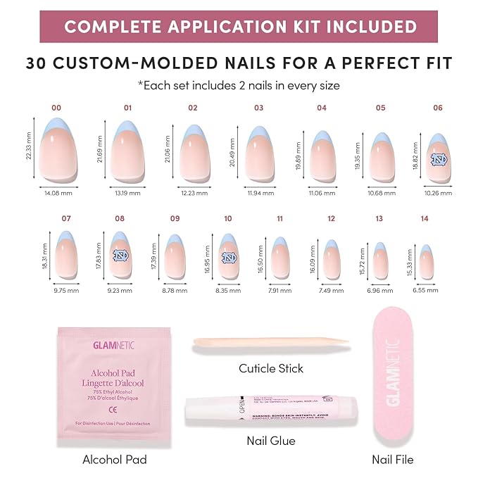 Glamnetic x Fanatics Press On Nails - North Carolina Tar Heels | Short Almond Fake Nails, Collegiate Tar Heels Blue French Tips, College Nails, Salon-Quality | 15 Sizes - 30 Nail Kit with Glue