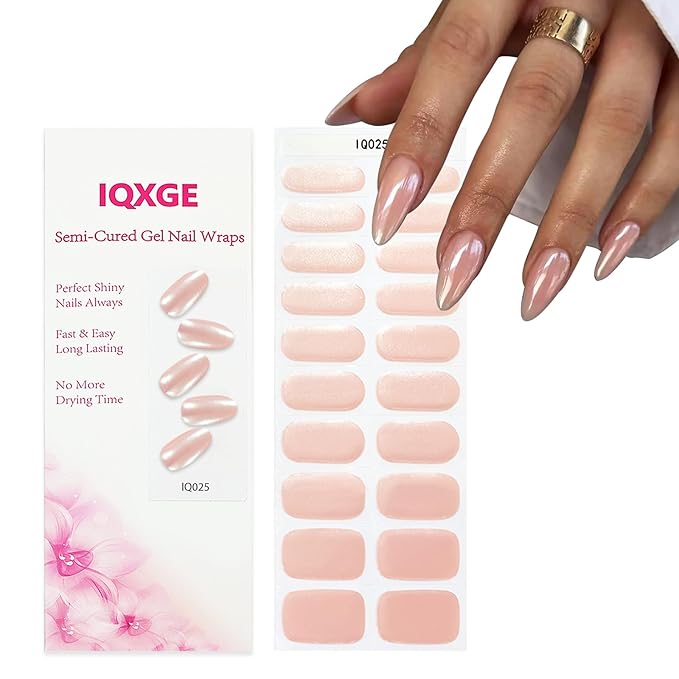 Chrome Nude Semi Cured Gel Nail Strips 20Pcs Glitter UV Gel Nail Stickers Glossy Nails Polish Strips UV/LED Light Needed Self Adhesive Full Polish Nails Wraps for Women