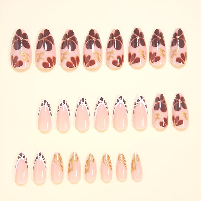 Leopard Print French Tip Press on Nails Medium Almond Fake Nails Brown Flower Nails Press Ons Fall Glossy False Nails Nude Glue on Nail Gold Line Stick on Nail for Women Decoration Set 24Pcs
