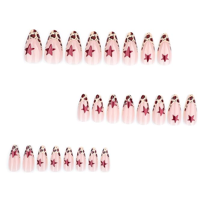 Almond Press on Nails Medium French Tip With Leopard Print Design - Glue on Star Acrylic Full Cover Stick on Winter Artificial Nails for Women Manicure 24Pcs