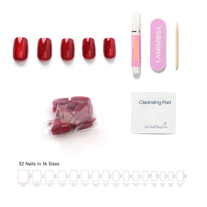LAMIMOSA 32Pcs Red Cat Eye Press On Nails Short Square, Nail Kit, Soft Gel Fake Nails in 16 Sizes, Reusable Glue on Nails, RED VELVET
