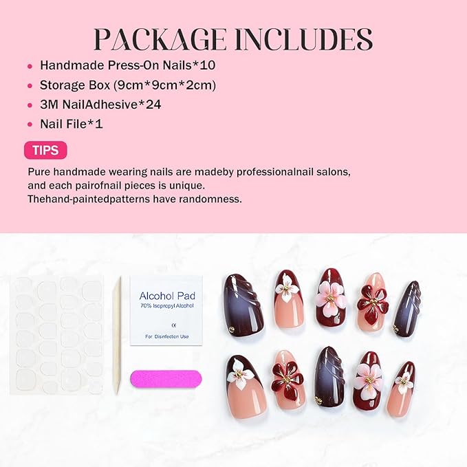 Flower Press on Nails Handmade Press on Nails 3D Floral Embossed and Golden Steel Ball Designs Medium Almond Fake Nails French False Nail Thick Acrylic Nails Stick on Nail for Women（Size S)