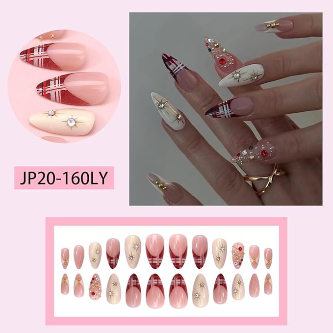 Christmas Press on Nails Medium Almond Fake Nails Plaid Red False Nails Press ons White Rhinestones Glue on Nails Acrylic Artificial Stick on Nail Reusable for Women Nail Manicure 24Pcs