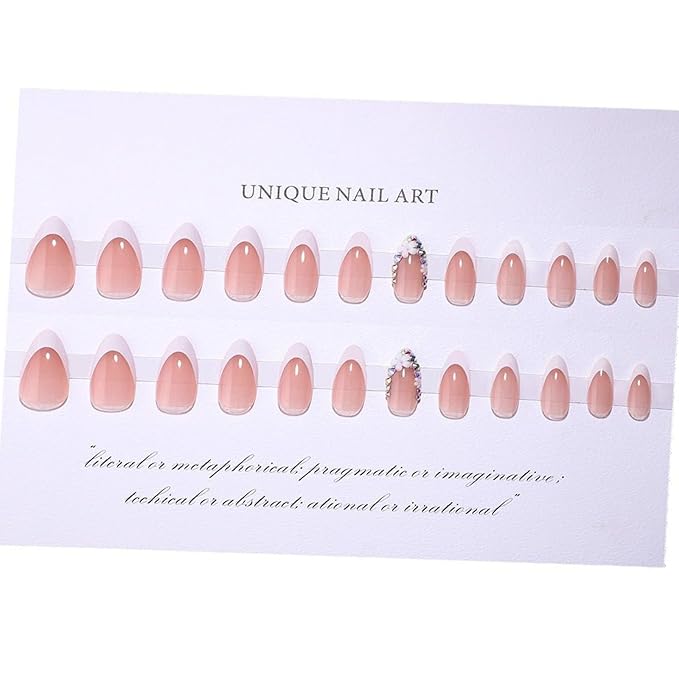 French Tip Press on Nails Almond Short Fake Nails Flower False Nails with Designs Rhinestones Glossy Full Cover Acrylic Glue on Nails Cute Artificial Stick on Nail for Women Manicure 24Pcs