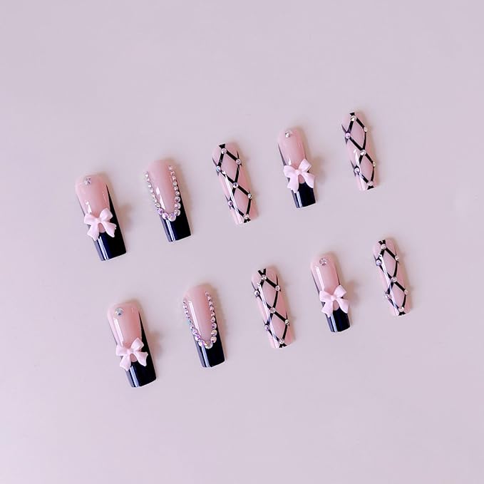 Square Press on Nails Long Nude Fake NailPink Bows Acrylic Nail Press ons Stick on Nails for Women 24pcs