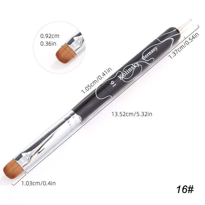 French Manicure Brush - Two Way Nail Art Brush with Dotting Tool for Manicure Cuticle Clean Up - Professional Salon Quality, Nail Dotting Pen (16#, Black)