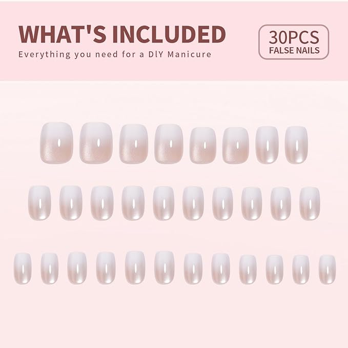 White Luxurious Cats Eyes Soft Gel Press on Nails Short Length Square False Nails with Gradient Designs Thickened Artificial Fake Nails Full Cover Glue on Nails for Women Nail Art Accessories 30 Pcs
