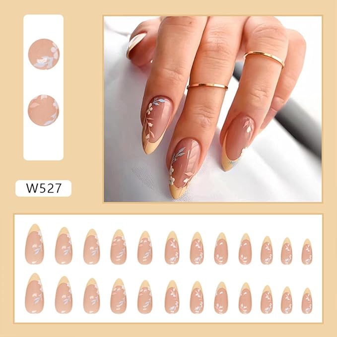 Flower Almond Press on Nails Medium Fake Nails French Tip False Nails with Designs Floral Glue on Nails Glossy Full Cover Acrylic Artificial Cute Stick on Nail for Women Nail Manicure 24pcs