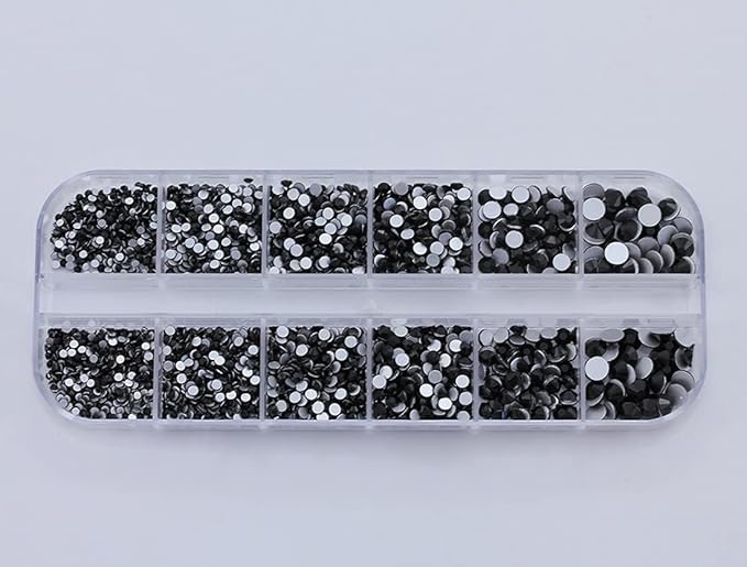 Over 2100 Pieces Jet Black Flat Back Glass Rhinestones Crystals for Nail Art Kit 6 Sizes (1.4mm - 4.8mm)