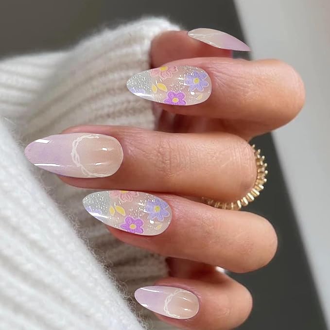 20Pcs Flower Semi Cured Gel Nail Strips Purple French Tip Summer Gel Nail Stickers UV/LED Light Needed Self Adhesive Nails Wraps with Glitter Design Glossy Nails Polish Strips for Women
