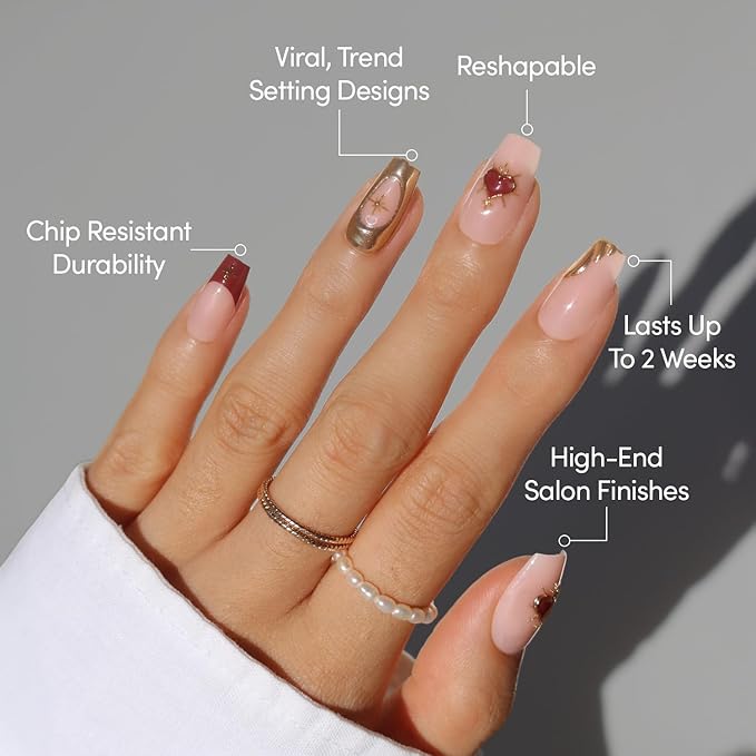 Valentines Day Glamnetic Press On Nails - Queen of Hearts | Medium Coffin Fake Nails with a Sheer Base, 3D Gold Metallic Designs and Deep Red French Tips | 15 Sizes - 30 Nail Kit with Glue