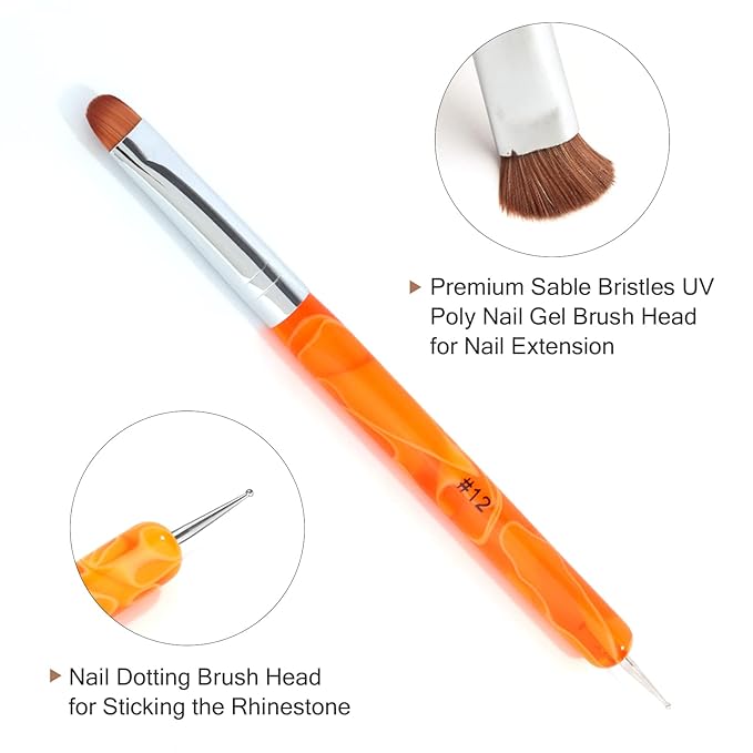 French Manicure Brush -Two Way Nail Art Brush with Dotting Manicure Tool for Manicure Cuticle Clean Up Nail Art Design- Professional Nail Salon Quality Brush, Nail Dotting Pen (12#, Orange)