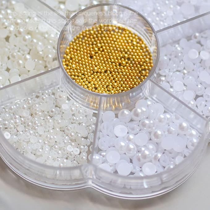 Nail Art Flatback Pearls Charms - White Half Round Crafts Beads With Gold Caviar Ball - Luxurious Design Jewelry Accessories