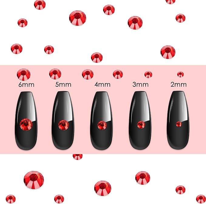 Canvalite 1500PCS Red Rhinestones Flat Back Gems, Nail Rhinestones Nail Art Gems with Pick Up Tweezers and Rhinestone Picker Dotting Pen, Nail Art Tools for Nails, Clothes, Face, Craft