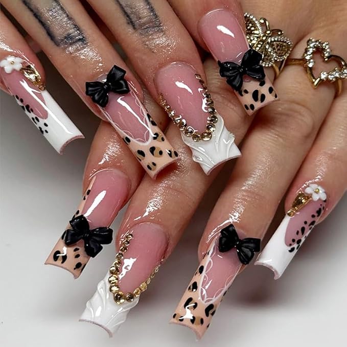 Long Square Press on Nails,Handmade Acrylic Press on Nails with Designs，Long Press on Nail for Women 24pcs