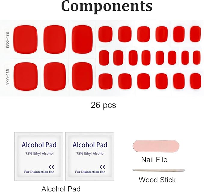 26 Pcs Semi Cured Gel Toe Nail Strips Red Solid Gel Nail Stickers Full Cover Red Nails Wraps Self Adhesive Toe Nails Polish Strips Stickers for Women UV/LED Light Required